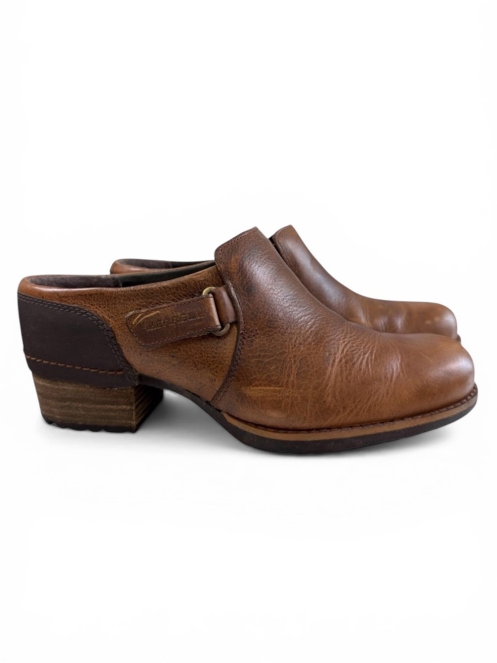 Merrell Shiloh Brown Leather Stacked Heel Clogs in Oak Women’s Size 9